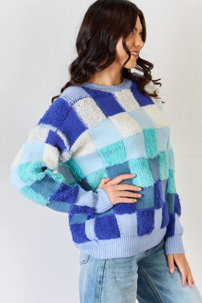 J.NNA Checkered Round Neck Long Sleeve Sweater