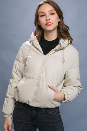 Pu Faux Leather Zipper Hooded Puffer Jacket