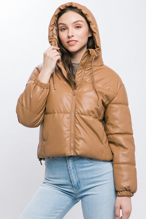 Pu Faux Leather Zipper Hooded Puffer Jacket