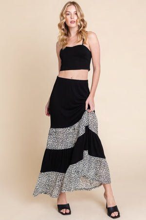 Long Tiered Contrast Fashion Skirt With Velvet Animal Print Mesh
